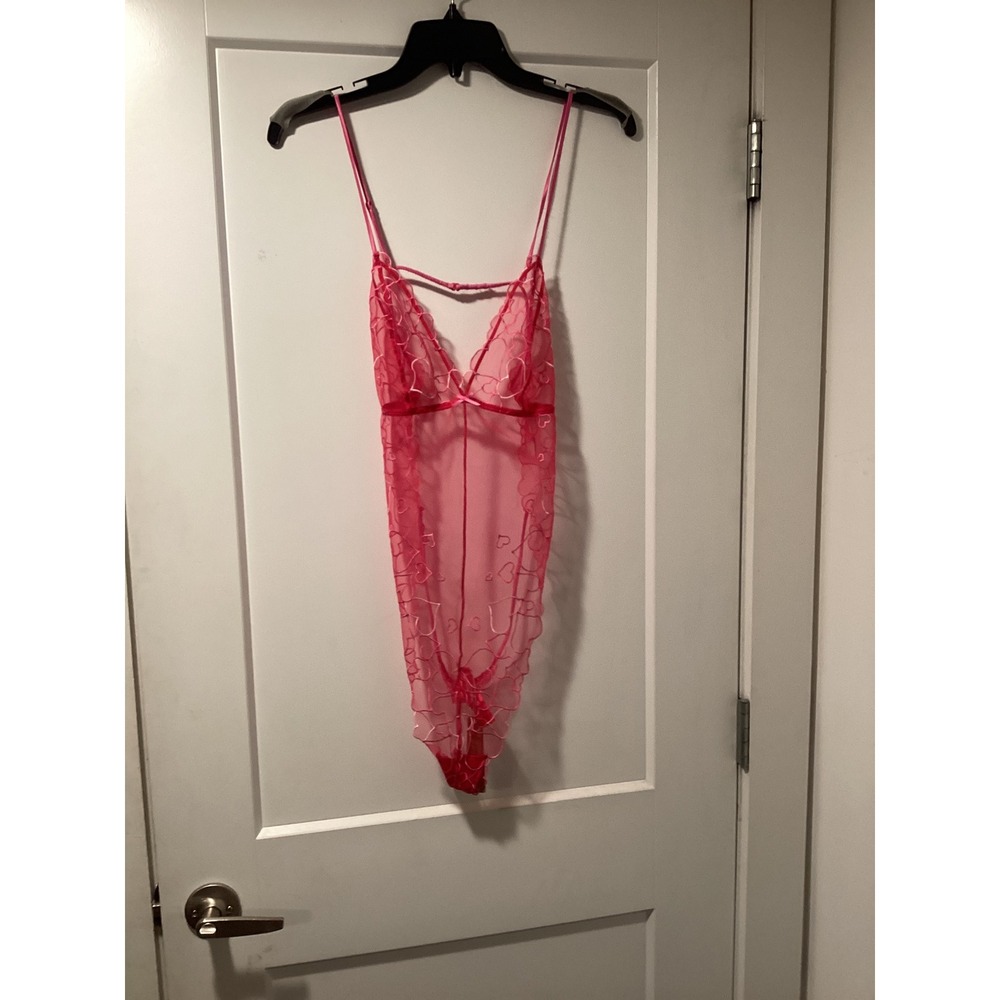 SKIMS Embroidered‎ Tulle Teddy Punch Pink Heart Bodysuit Womens XL NWT